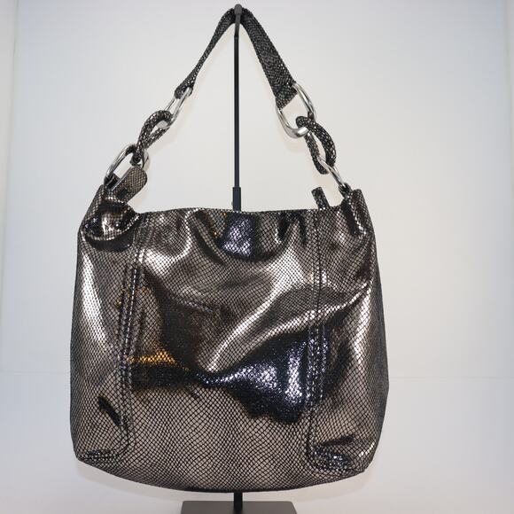 Michael Kors Metallic Snakeskin Shoulder Bag – Shiny Gunmetal Silver - Picture 1 of 8